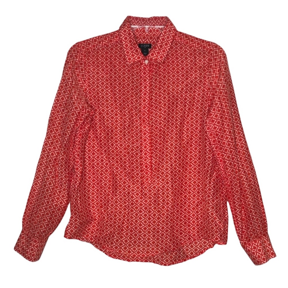 J. CREW FACTORY | Silk Blend Red White Ikat Pattern Button Up Collared Shirt